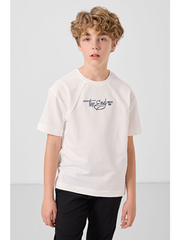 Tommylife Ekru Pamuklu Yumuşak Dokulu Oversize Baskılı Erkek Çocuk T-Shirt - 11285