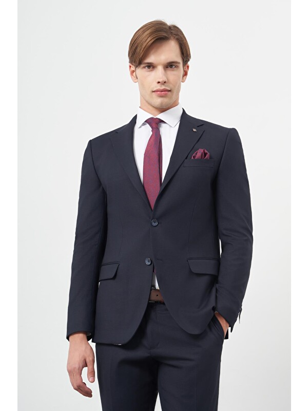 İMZA Koyu Lacivert Armürlü Mono Yaka Tam Astar Esnek 6 Drop Slim Fit Classic Takım Elbise 1001245175