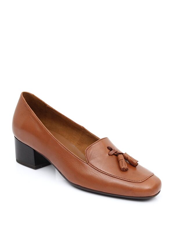 Gonderi(r) Kahverengi Gonderi(r) Hakiki Deri Küt Burun Kısa Kalın Topuklu Püsküllü Kadın Ayakkabı 13313