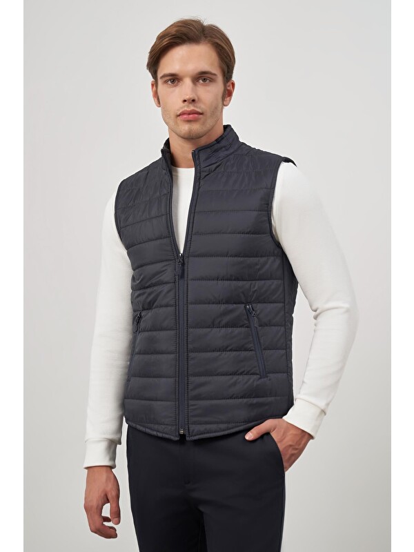 İMZA Koyu Lacivert Kapitone Dik Yaka Düz Garnisiz-Biyesiz Slim Fit Yelek 1009245150