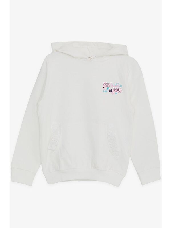 Breeze Kız Çocuk Sweatshirt Kanguru Cepli Yazı Baskılı Güpürlü Ekru (3-8 Yaş)