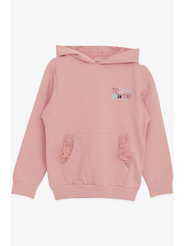 Breeze Kız Çocuk Sweatshirt Kanguru Cepli Yazı Baskılı Güpürlü Gülkurusu (3-6 Yaş)