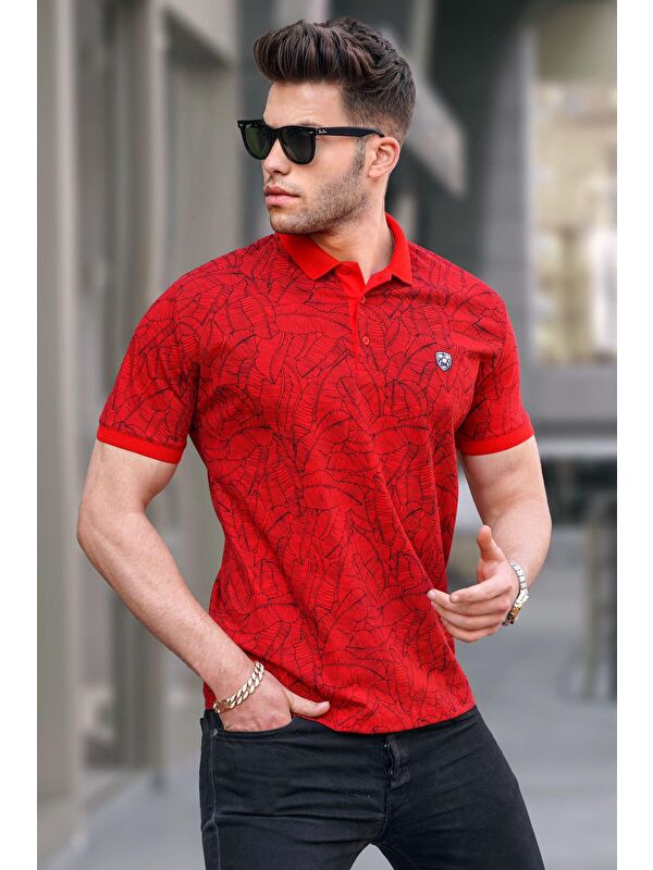 Madmext Kırmızı Desenli Polo Yaka Tişört 5876