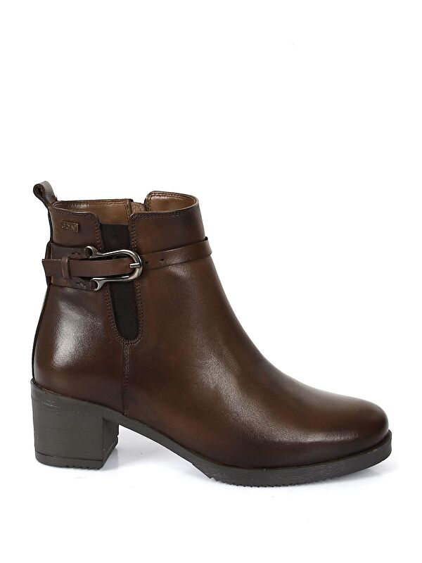 KAHVERENGİ Hakiki Deri Yuvarlak Burun Kauçuk Taban Topuklu Fermuarlı Tokalı Kadın Günlük Bot 51464 - Görsel 5