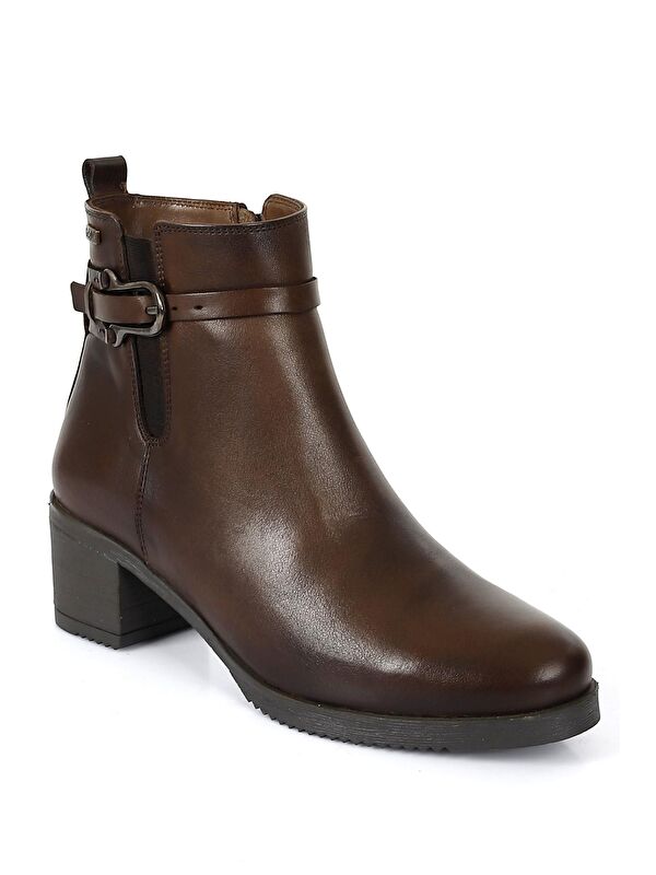 KAHVERENGİ Hakiki Deri Yuvarlak Burun Kauçuk Taban Topuklu Fermuarlı Tokalı Kadın Günlük Bot 51464 - Görsel 6