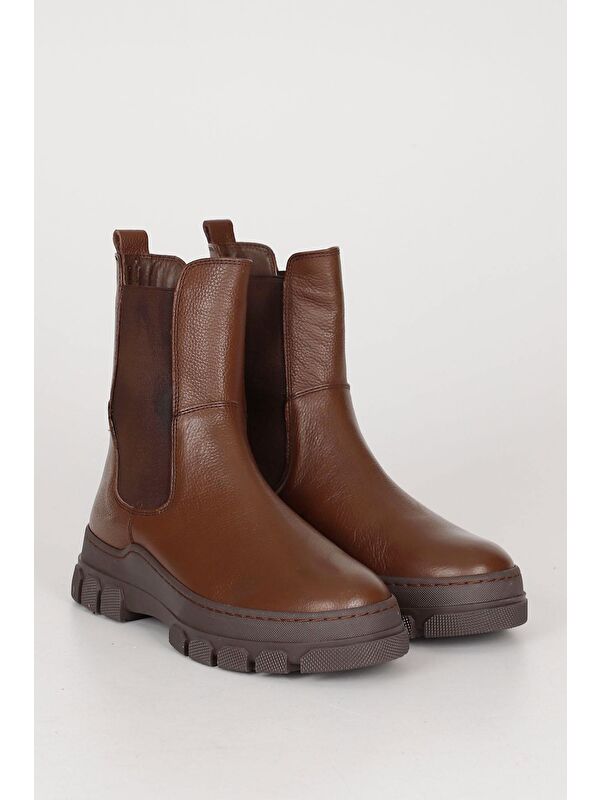 KAHVERENGİ Hakiki Deri Yuvarlak Burun Kadın Günlük Chelsea Bot 52411 - Görsel 3