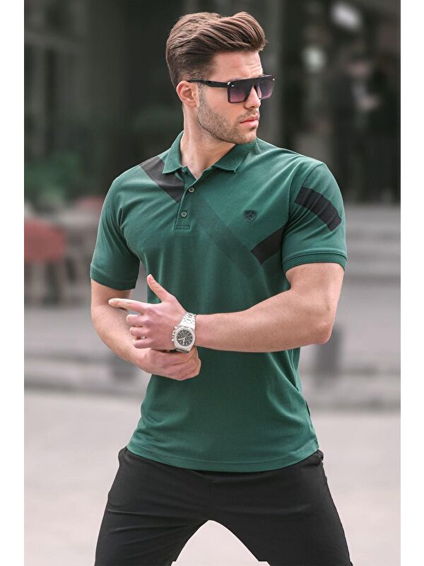 Madmext Koyu Yeşil Desenli Polo Yaka Erkek Tişört 6081