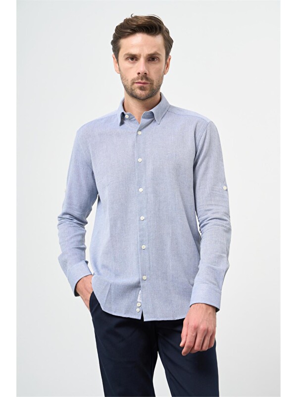 İMZA Mavi Kısalabilir Kollu Armürlü Biritli Yaka Pamuklu Casual Slim Fit Dar Kesim Gömlek 1004240202