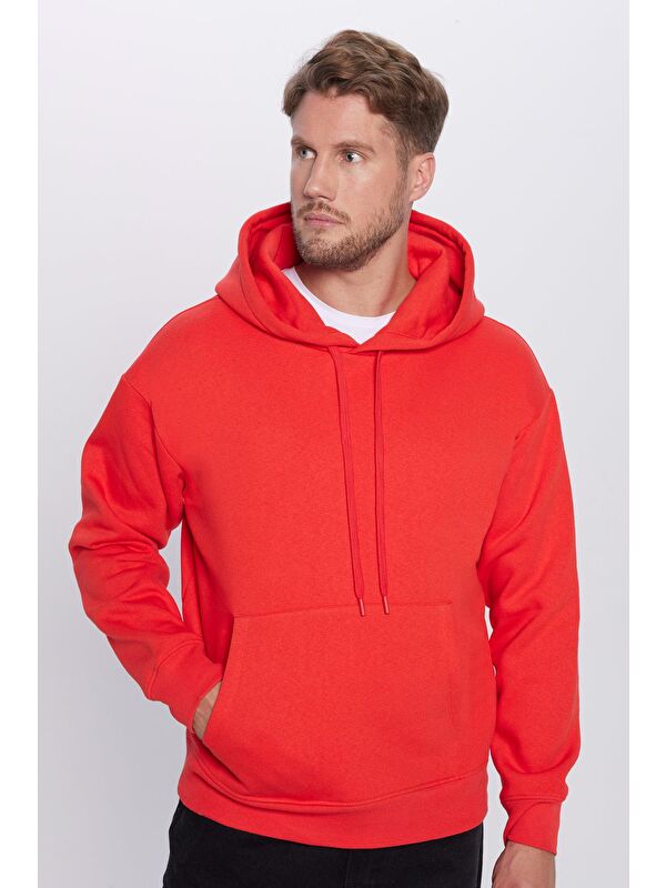 TUDORS Unisex Oversize Geniş Kesim Pamuklu Yumuşak Dokulu İçi Polarlı Basic Nar Renk Kapüşonlu Erkek Hoodie