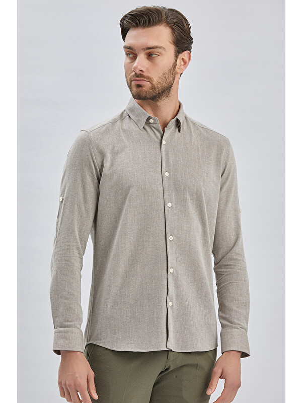 İMZA Koyu Kahverengi Kısalabilir Kollu Armürlü Biritli Yaka Pamuklu Casual Slim Fit Gömlek 1004240202