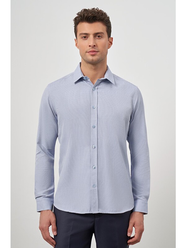 İMZA Koyu Mavi Uzun Kol Kendinden Armürlü Cepsiz Pamuklu Classic Slim Fit Gömlek 1004245161