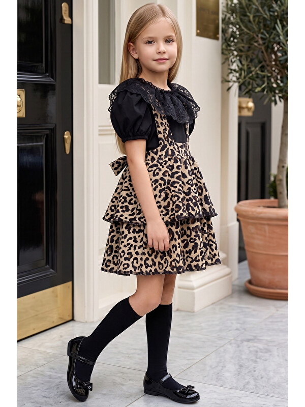 Parla Kids Kız Çocuk Helen Leopar Askılı Jile Elbise Siyah Dantelli Kısa Kollu Bluz Abiye Takım