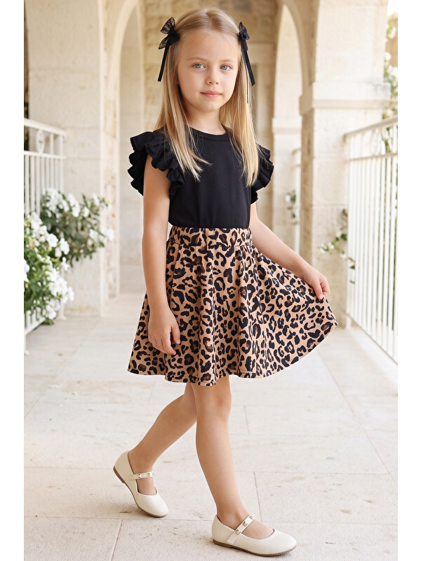 Parla Kids Kız Çocuk Anastasia Leopar Fırfır Kollu Elbise Toka Takım