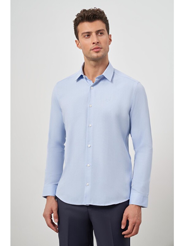 İMZA Mavi Uzun Kol Kendinden Desenli Armürlü 032 Sert Yaka Classic Slim Fit Gömlek 1004245151