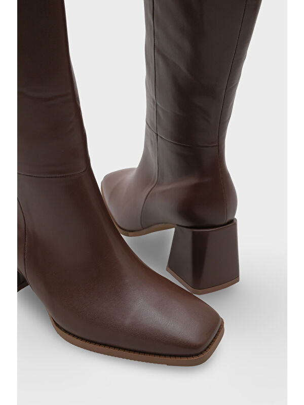 Merilyn Küt Burunlu Kalın Orta Topuklu Fermuarlı Uzun Kadın Çizme - Görsel 6