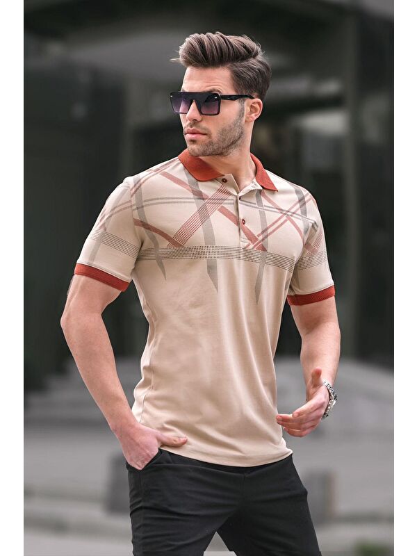 Madmext Bej Desenli Polo Yaka Erkek Tişört 6080