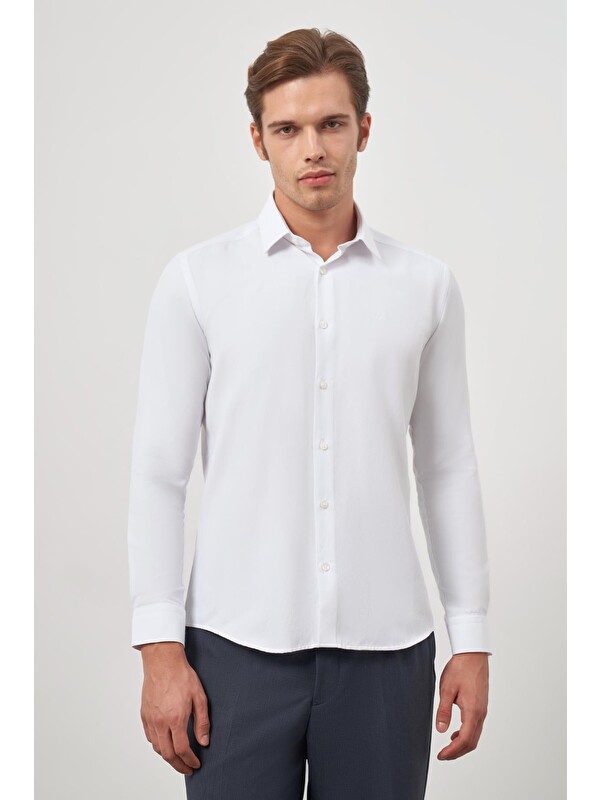 İMZA Beyaz Uzun Kol  Armürlü 032 Sert Yaka Classic Slim Fit Gömlek 1004245151
