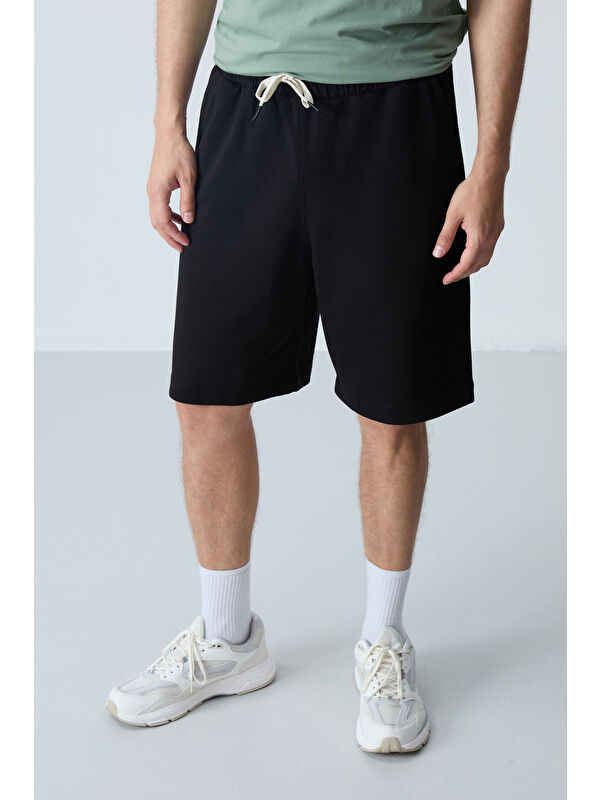 Tommylife Siyah Pamuklu Kalın Yumuşak Dokulu Standart Fit Basic Erkek Şort  - 81275