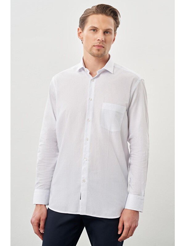 İMZA Beyaz Uzun Kol Desen İtalyan Yaka Cepli Pamuklu Classic Comfort Fit Gömlek 1004245185