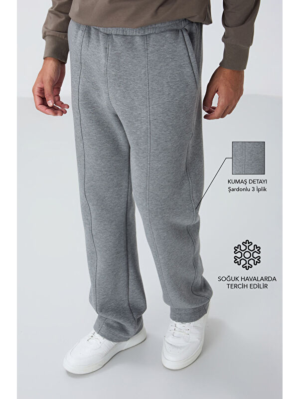 Tommylife Gri Melanj Pamuklu Kalın İçi Tüylü Yumuşak Dokulu Oversize Nakışlı Erkek Eşofman Altı -82146