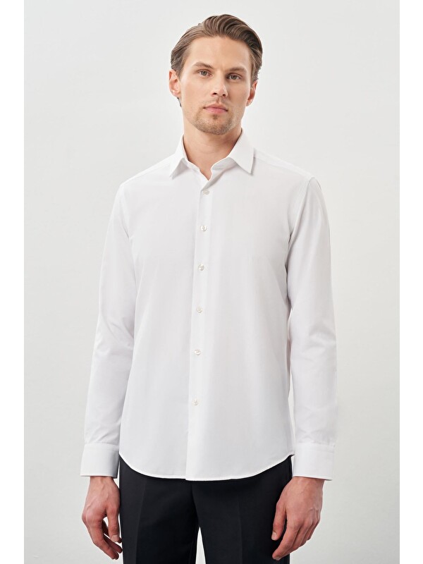 İMZA Beyaz Uzun Kol Armürlü Sert Yaka Cepsiz Pamuklu Classic Slim Fit Gömlek 1004245226