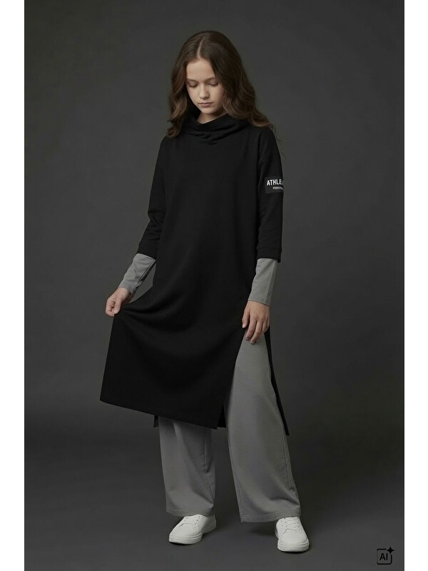 Cansın Mini Siyah Kapüşonlu Tunik Elbiseli Pantolonlu Kız Çocuk 3lü Takım 24745