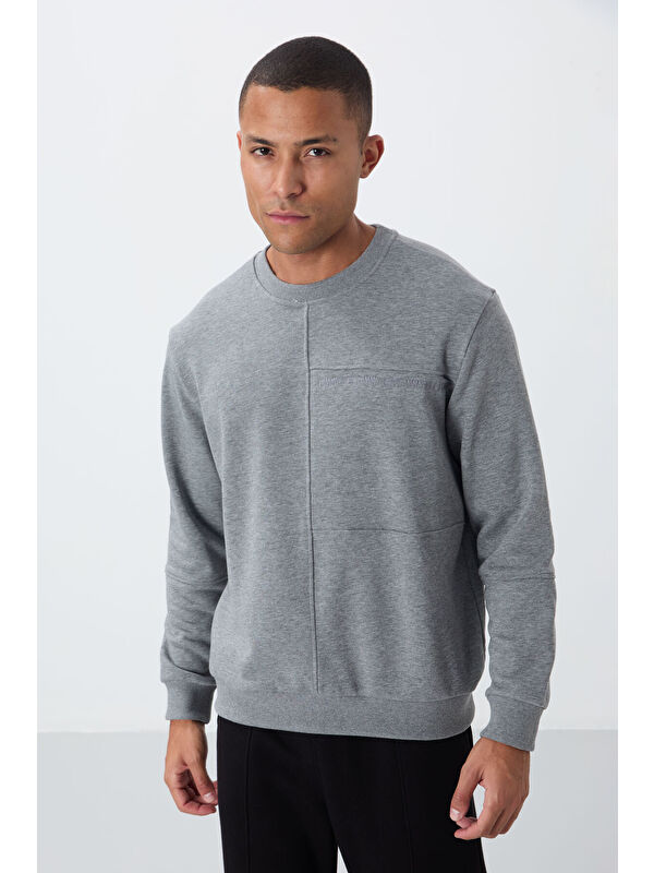 Tommylife Gri Melanj Kompakt Pamuklu Kalın Pürüzsüz Dokulu O Yaka Standart Fit Erkek Sweatshirt -88405