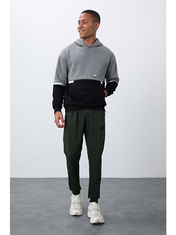 Tommylife Gri Melanj Pamuklu Kalın İçi Tüylü Yumuşak Dokulu Comfort Fit Nakışlı  Erkek Hoodie - 88417