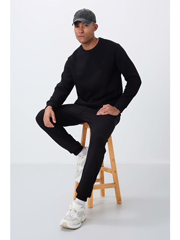 Tommylife Siyah Pamuklu Kalın İçi Tüylü Yumuşak Dokulu Comfort Fit Nakışlı Erkek Eşofman Takım -85265