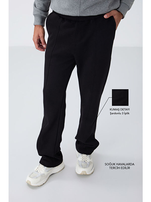 Tommylife Siyah Pamuklu Kalın İçi Tüylü Yumuşak Dokulu Oversize Nakışlı Erkek Eşofman Altı -82146