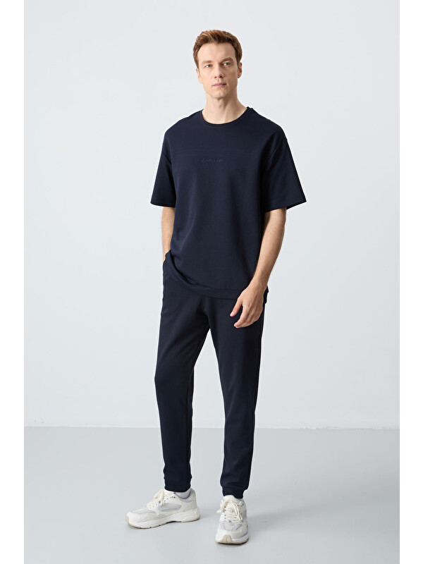 Air Jones Lacivert Pamuklu Kalın Yumuşak Dokulu Oversize Fit Basic Erkek Eşofman Takım - 85261