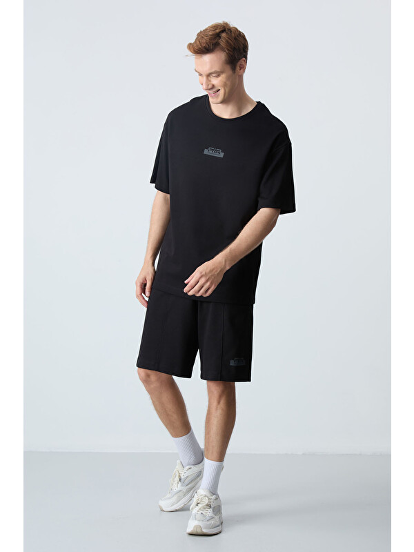 Air Jones Siyah Pamuklu Kalın Yumuşak Dokulu Oversize Fit Basic Erkek Şort Takım - 85259