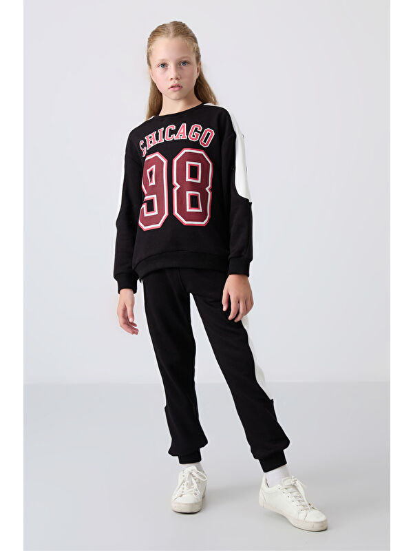 Tommylife Siyah Pamuklu İçi Tüylü Yumuşak Dokulu Standart Fit Nakışlı Kız Çocuk Eşofman Takım - 75170