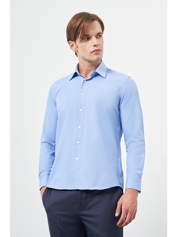 İMZA Mavi Uzun Kol Düz Bez Ayağı Sert Yaka Cepsiz Pamuklu Classic Slim Fit Gömlek 1004245267