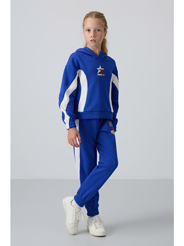 Tommylife Gece Mavi Pamuklu İçi Tüylü Yumuşak Dokulu Standart Fit Baskılı Kız Çocuk Eşofman Takım - 75166