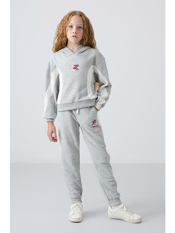 Tommylife Gri Melanj Pamuklu İçi Tüylü Yumuşak Dokulu Standart Fit Baskılı Kız Çocuk Eşofman Takım - 75166