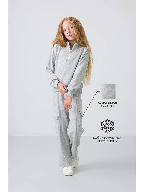 Tommylife Gri Melanj Pamuklu İçi Tüylü Yumuşak Dokulu Standart Fit Nakışlı Kız Çocuk Eşofman Takım - 75159