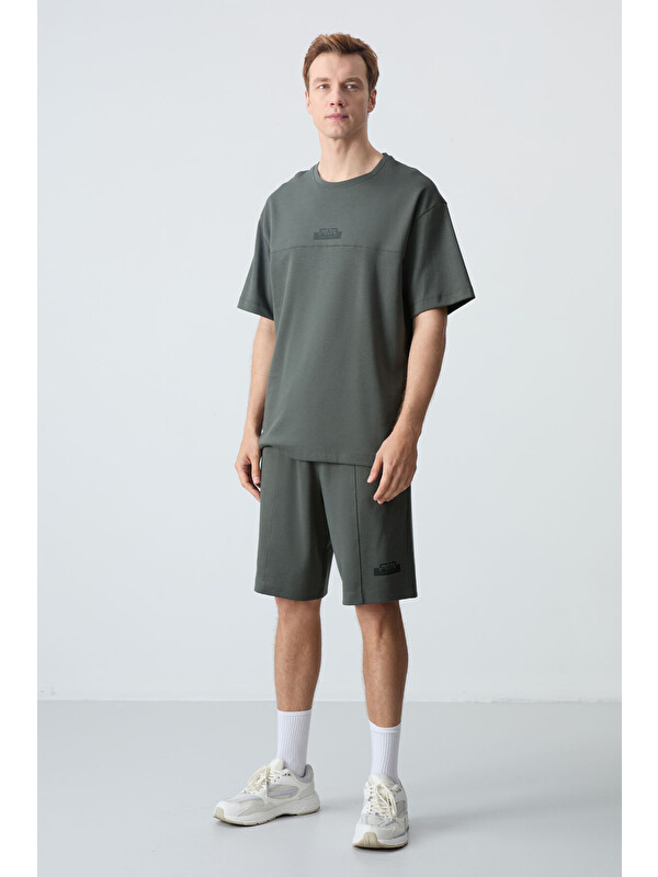 Air Jones Haki Pamuklu Kalın Yumuşak Dokulu Oversize Fit Basic Erkek Şort Takım - 85259