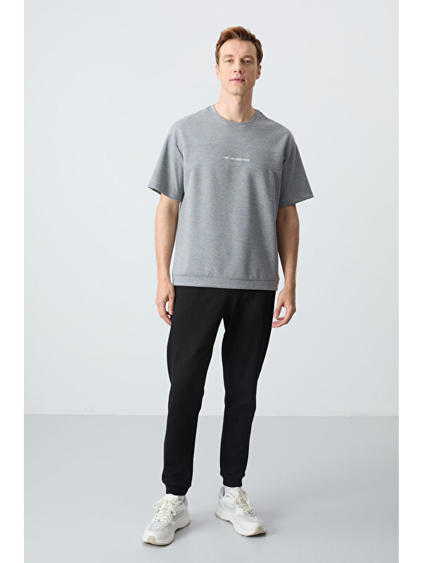 Air Jones Gri Melanj  Siyah Pamuklu Kalın Yumuşak Dokulu Oversize Fit Basic Erkek Eşofman Takım - 85261