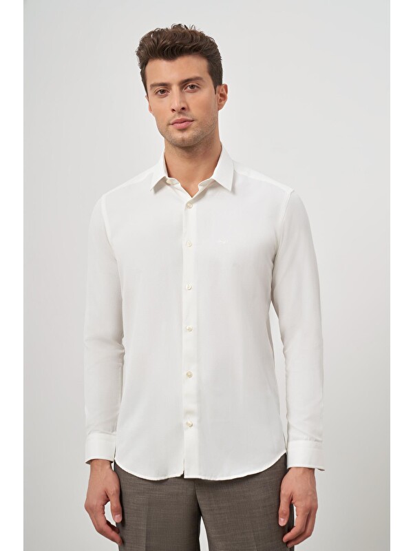 İMZA Açık Krem Uzun Kol  Armürlü 032 Sert Yaka Classic Slim Fit Gömlek 1004245152