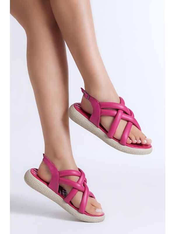 Kadın Fuşya Cilt Çapraz Çift Bantlı Sandalet - Görsel 3