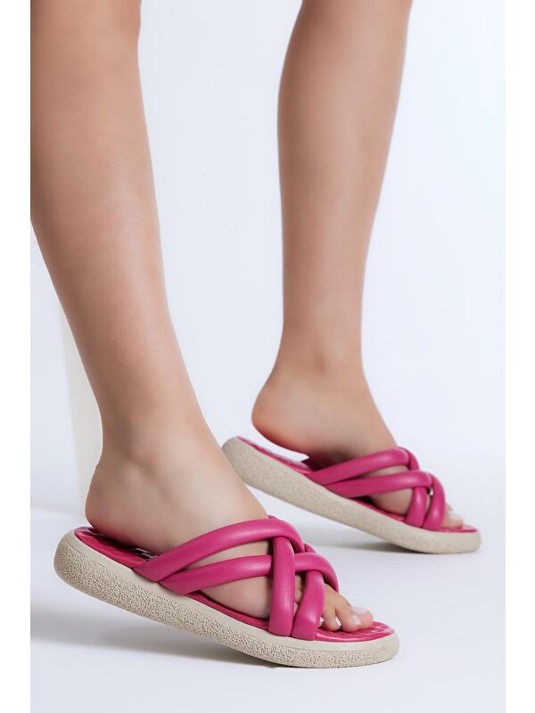 Kadın Fuşya Cilt Çapraz Çift Bantlı Terlik - Görsel 3