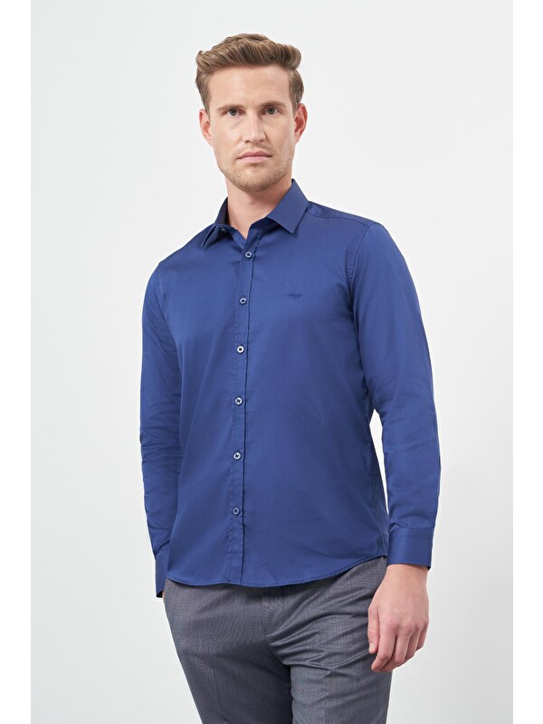 İMZA Lacivert Uzun Kol Düz Bez Ayağı 032 Sert Yaka Classic Slim Fit %100 Pamuk Gömlek 1004245324