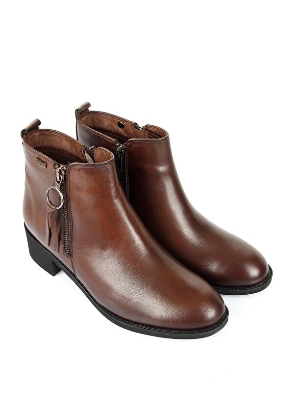 KAHVERENGİ Hakiki Deri Yuvarlak Burun Kauçuk Taban Topuklu Fermuarlı Püsküllü Kadın Günlük Bot 1041 - Görsel 3