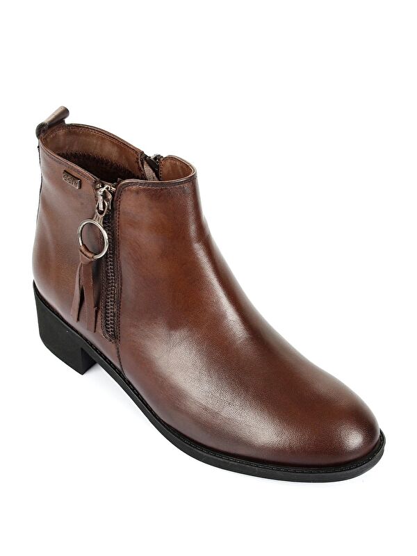 KAHVERENGİ Hakiki Deri Yuvarlak Burun Kauçuk Taban Topuklu Fermuarlı Püsküllü Kadın Günlük Bot 1041 - Görsel 6