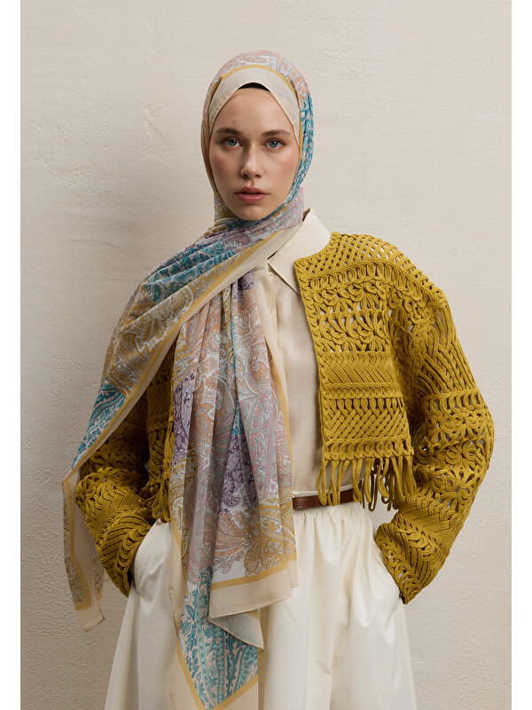 Fresh Scarfs Paısley Patch Desen İpek Krep Şal Soft Sarı
