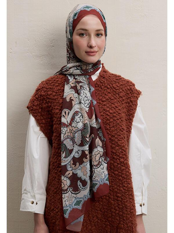 Fresh Scarfs Poppıes Desen İpek Krep Şal Kiremit