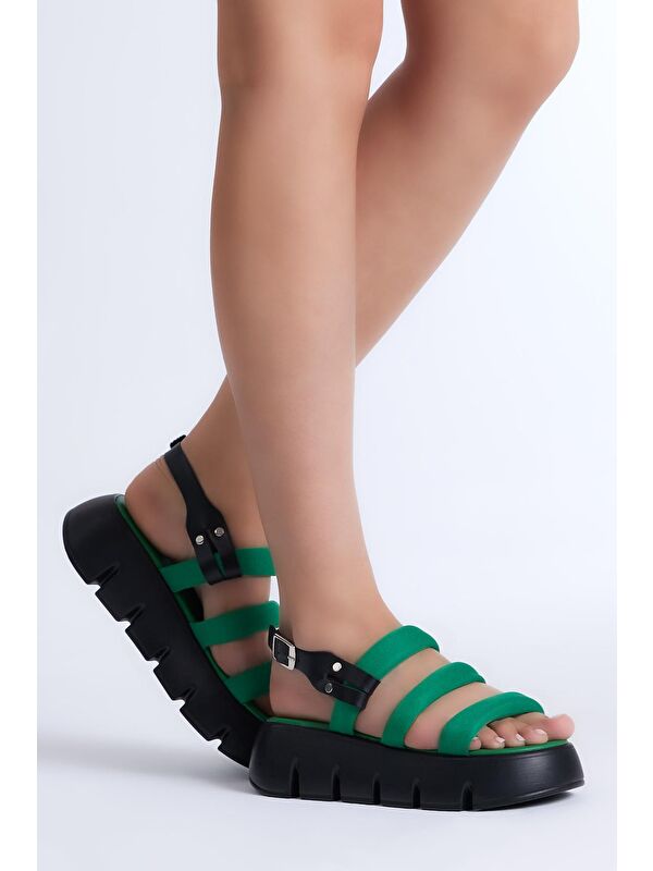 Kadın Yeşil Paraşüt Kumaş Yüksek Taban Sandalet - Görsel 3