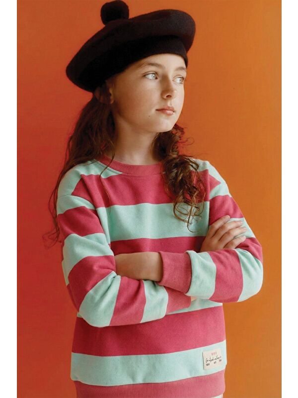 CİGİT Sweatshirt 4-12 Yaş Mint Mercan Cizgili