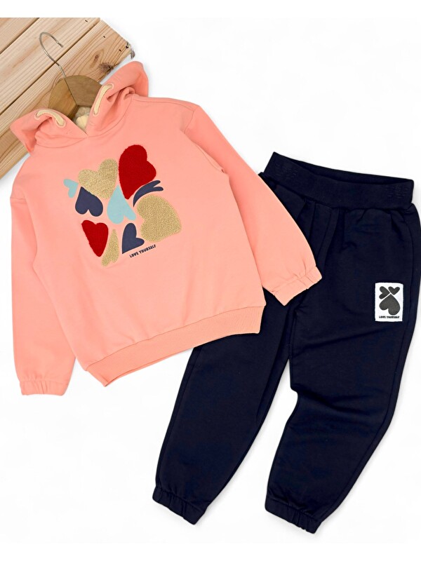 Ege Bebek Kız Çocuk Kalp Baskılı Kapüşonlu Sweatshirtlü Mevsimlik Eşofman Takımı